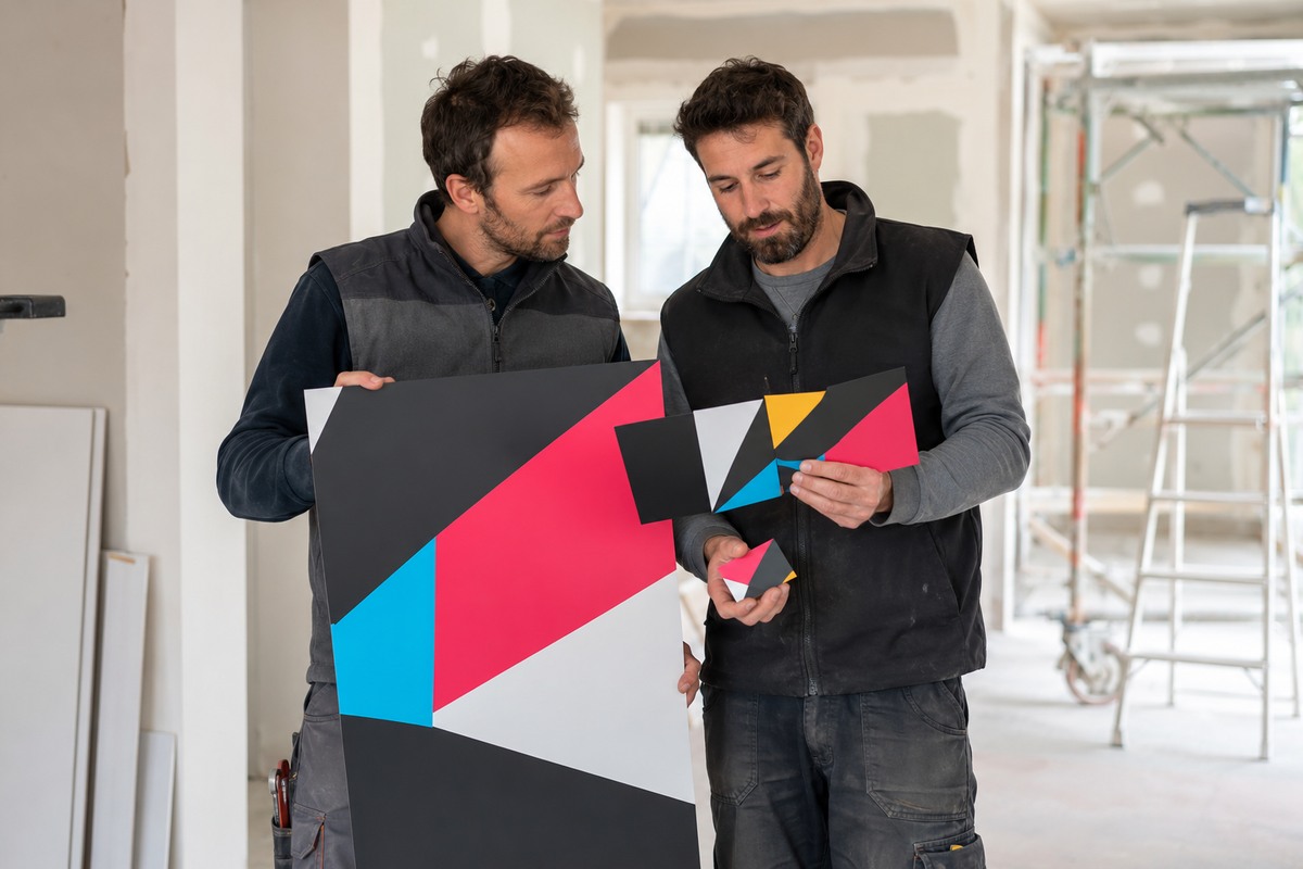 Artisan du bâtiment avec ses panneaux de chantier imprimés