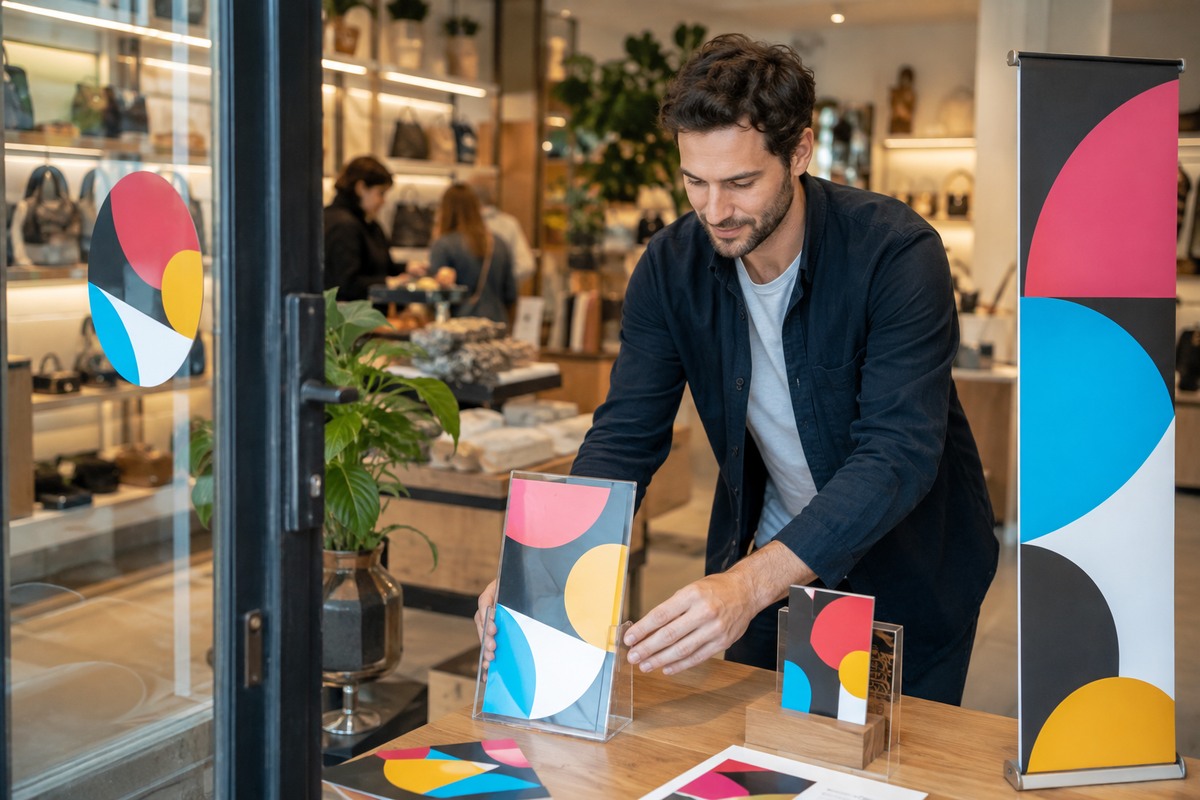 Commerçante installant ses affiches et sa vitrine imprimées