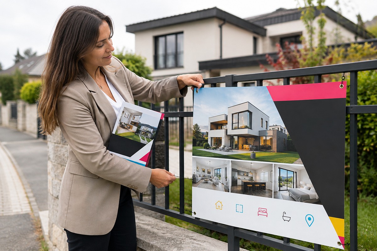 Agent immobilier avec ses panneaux et supports de vitrine imprimés