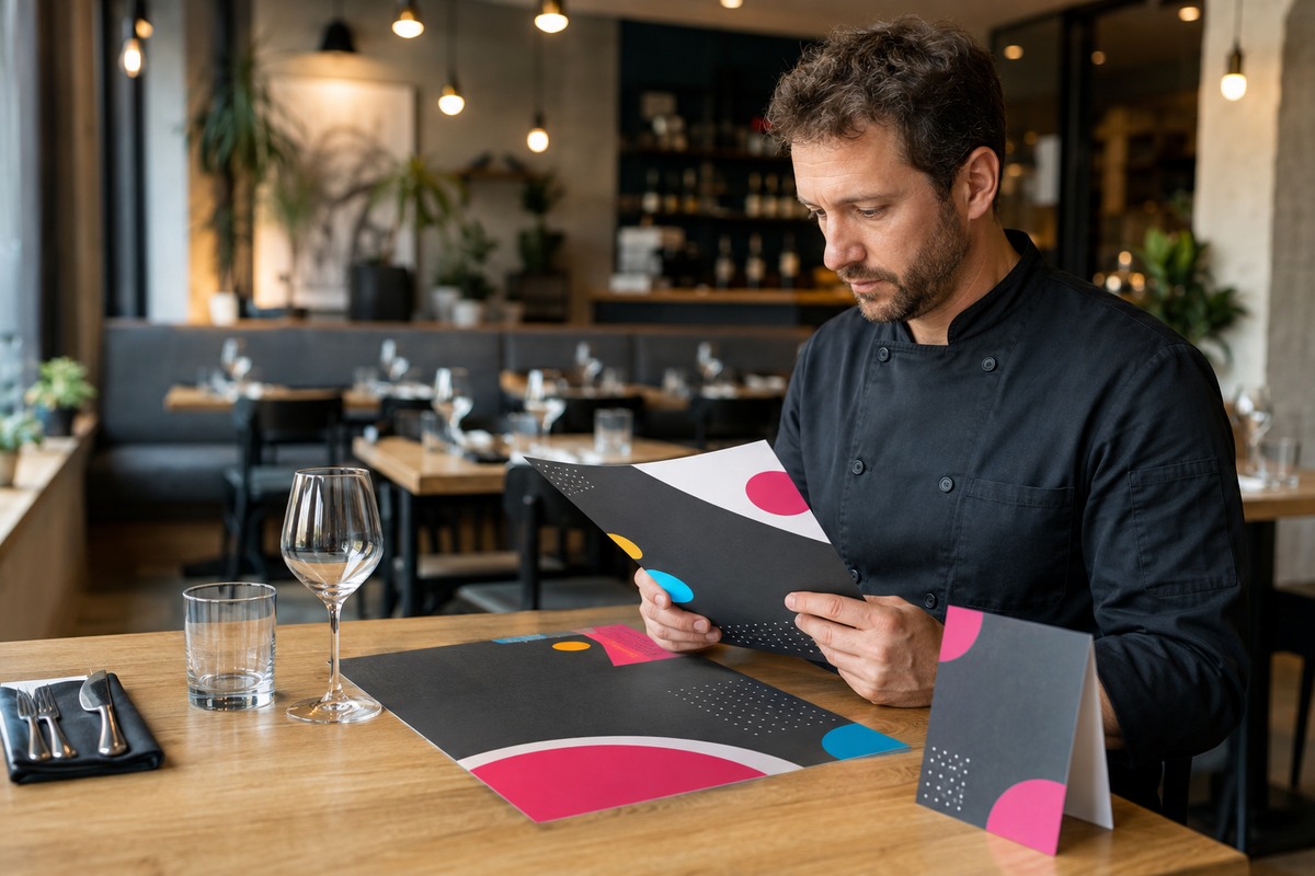 Restaurateur préparant ses menus et sets de table imprimés