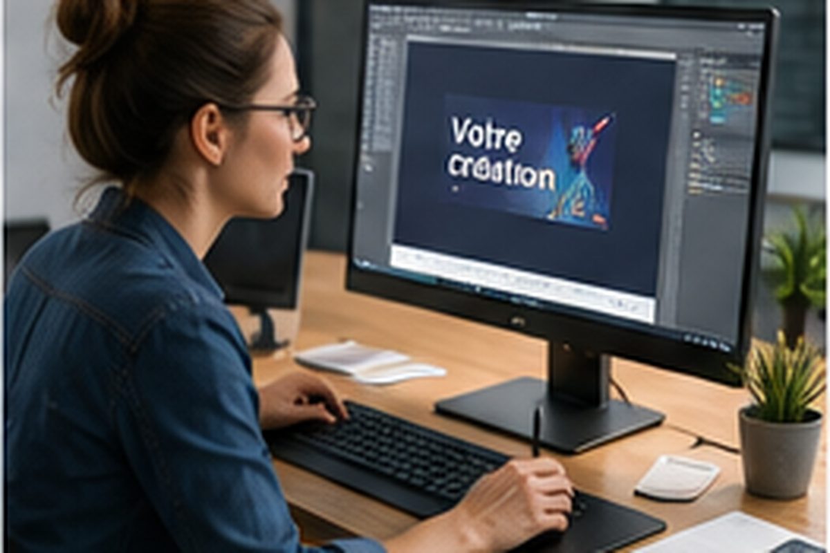 Graphiste préparant une maquette d'impression sur ordinateur