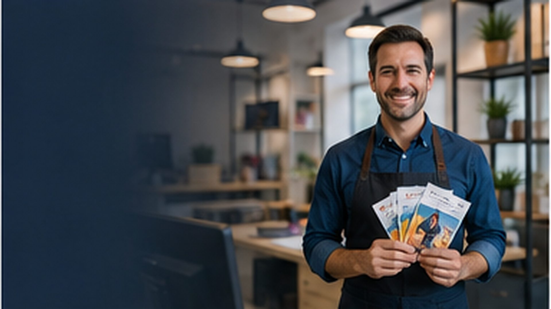 Professionnel tenant des supports imprimés ReflexPrinting dans un bureau lumineux