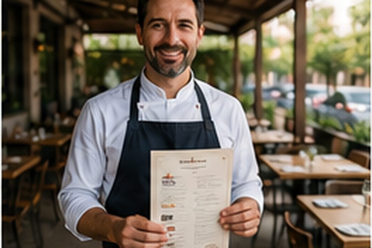 Restaurateur présentant un menu imprimé en terrasse