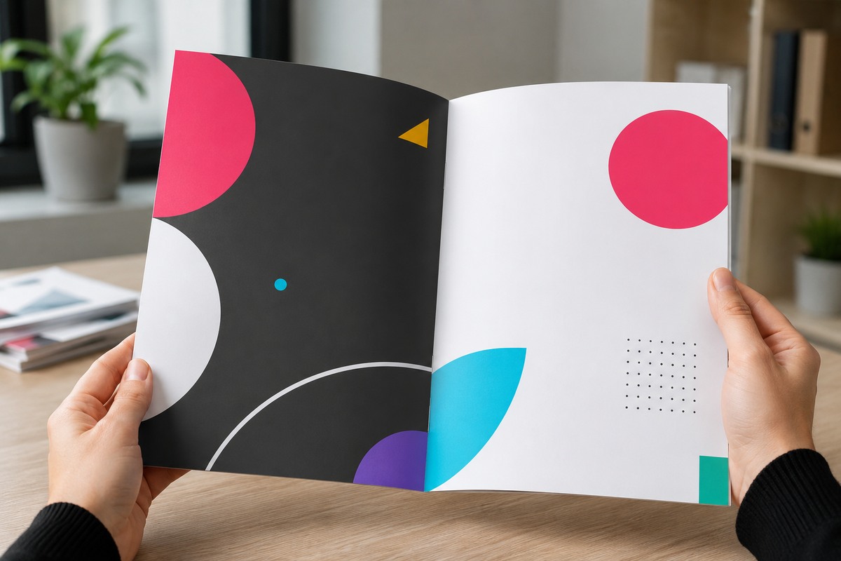 Brochure agrafée A4 portrait, deux agrafes sur le pli central