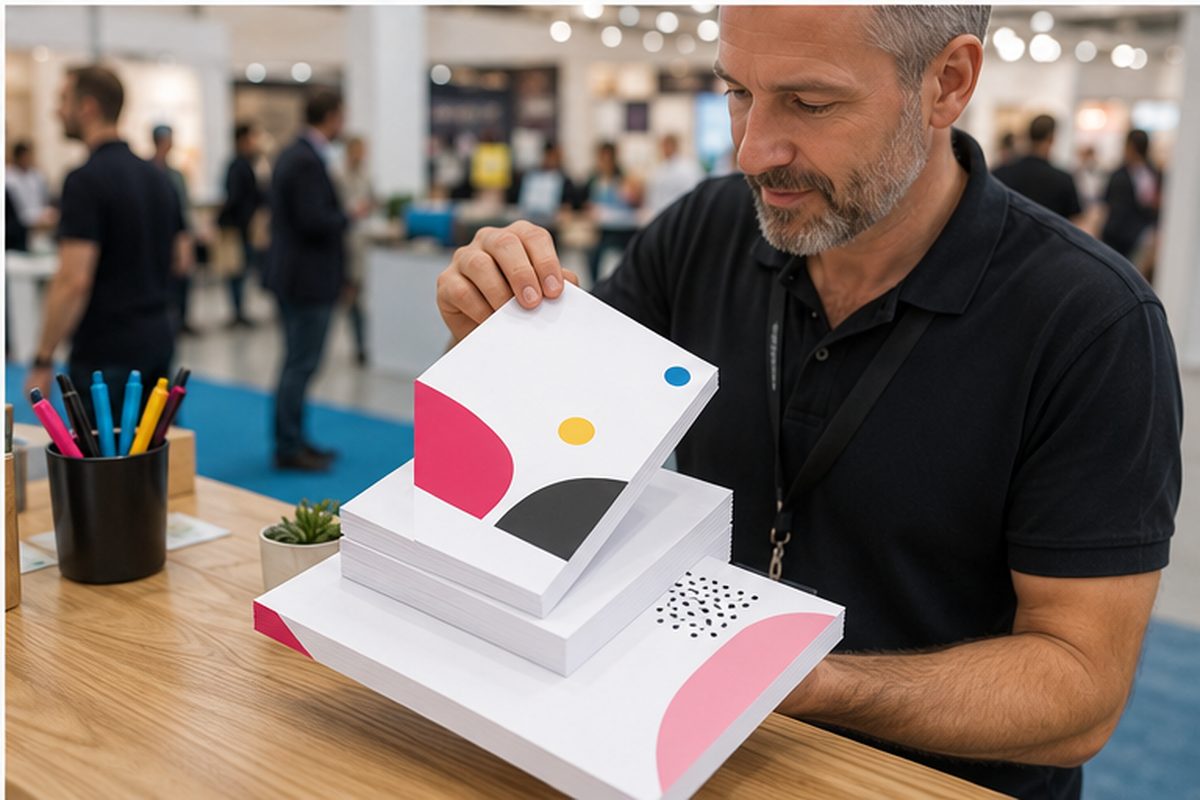 Bloc de notes adhésives personnalisé avec en-tête imprimé au logo, une feuille qui se décolle, devant un carnet à couverture imprimée avec marque-pages colorés