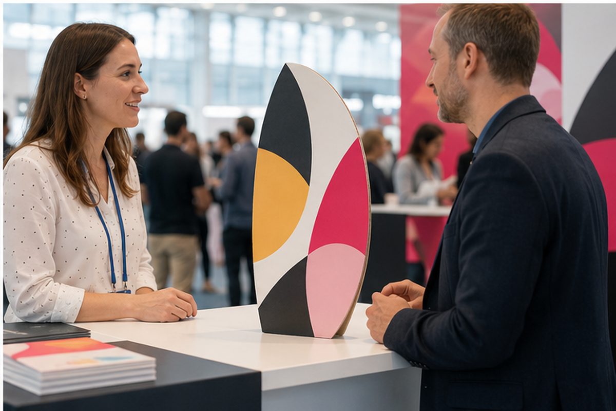 Totem elliptique de comptoir imprimé en quadrichromie par ReflexPrinting