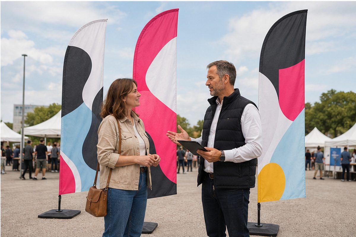 Beach flag personnalisé - forme goutte avec mât et pied