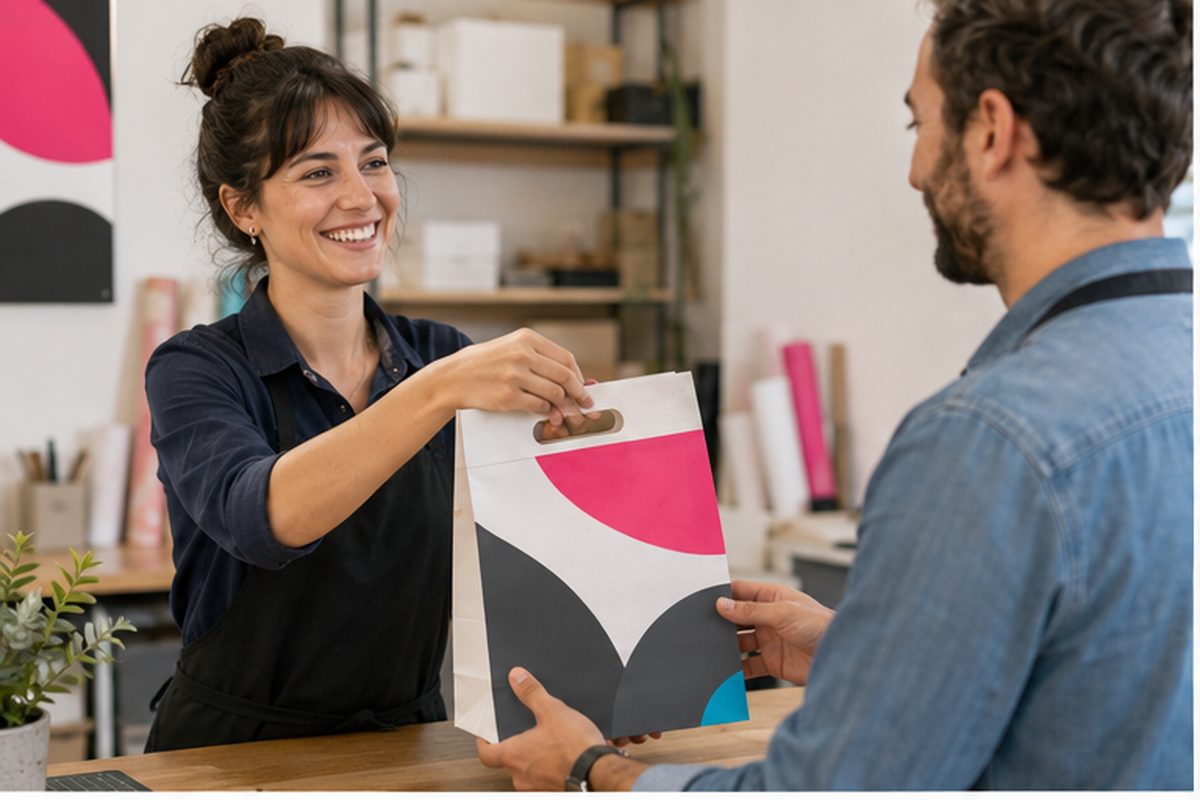 Bolsa de papel con asa troquelada ESTÁNDAR impresa en cuatricromía por ReflexPrinting