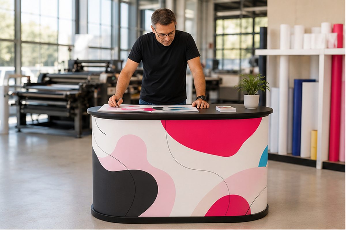 Comptoir d'exposition pliable avec façade courbée habillée d'un visuel imprimé personnalisé et housse de transport